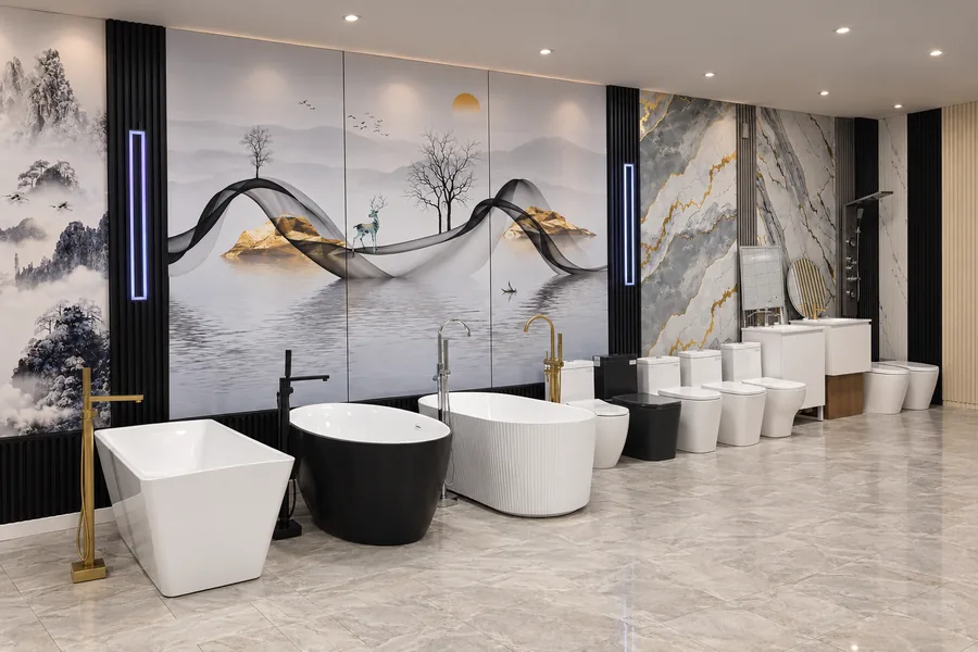Bathtubs, tub fillers and toilets in front of the mural wall