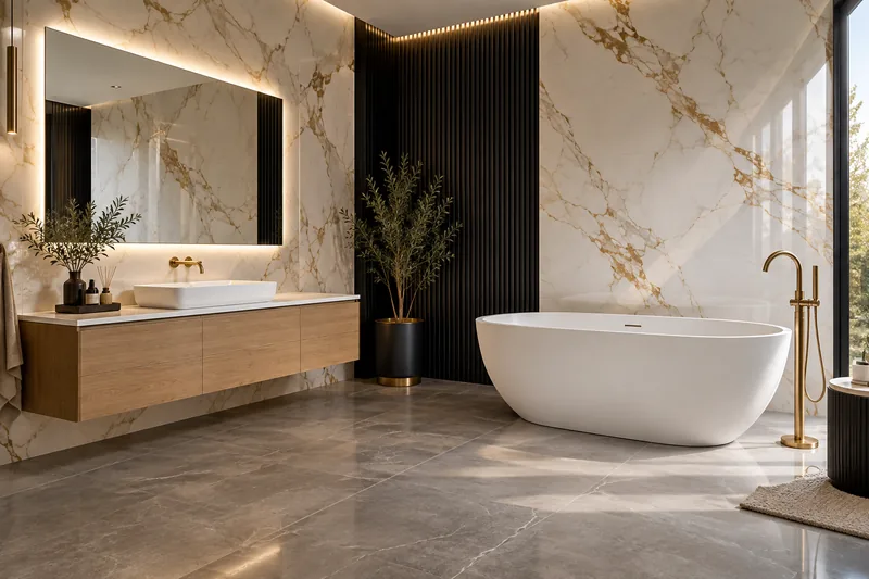 Rendering of a finished bathroom with a floating oak vanity, LED mirror and freestanding tub