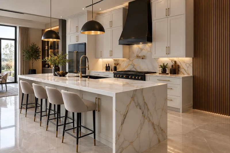 Rendering of a finished kitchen with white shaker cabinets, gold handles and a quartz island