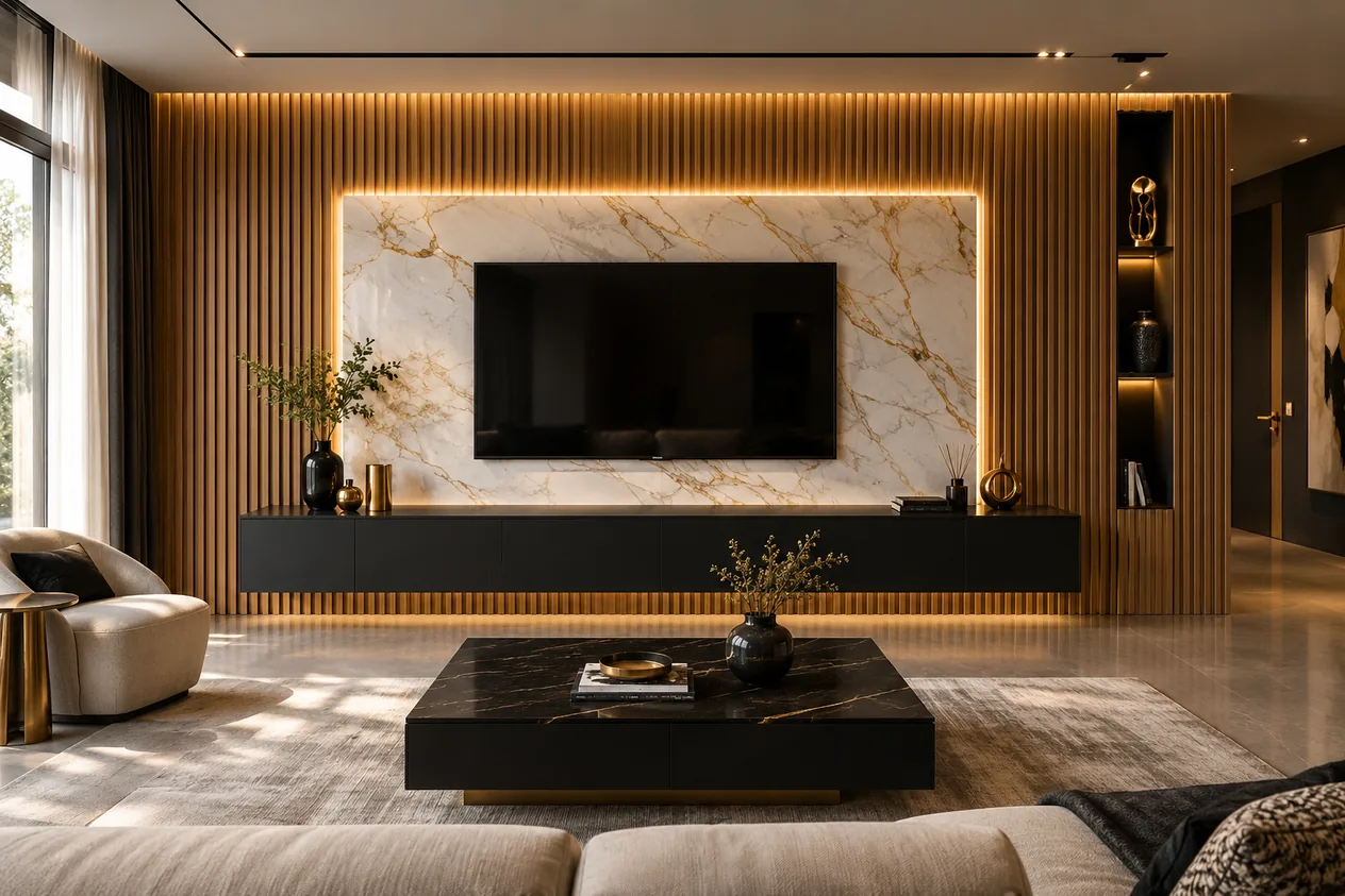 Rendering of a living-room feature wall in fluted oak panels with a floating TV console