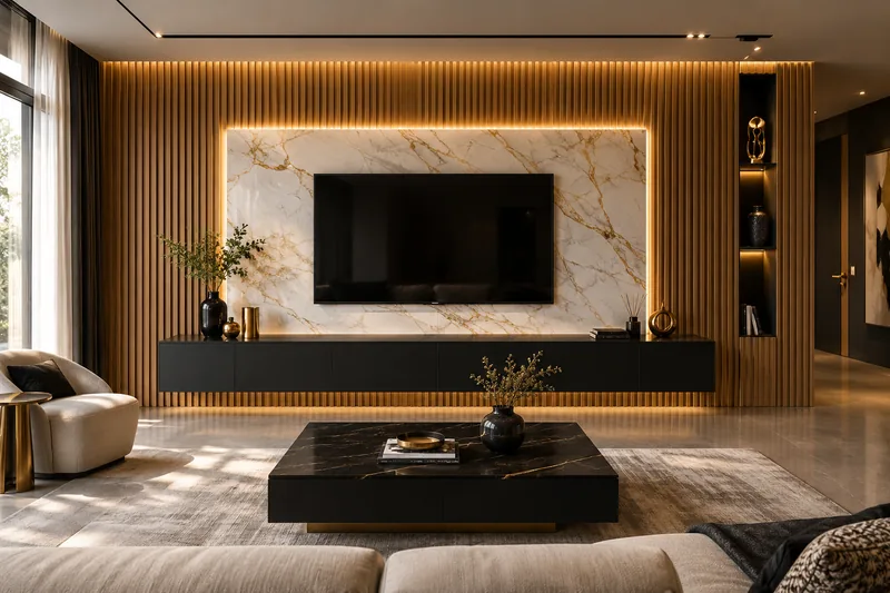 Rendering of a living-room feature wall in fluted oak panels with a floating TV console