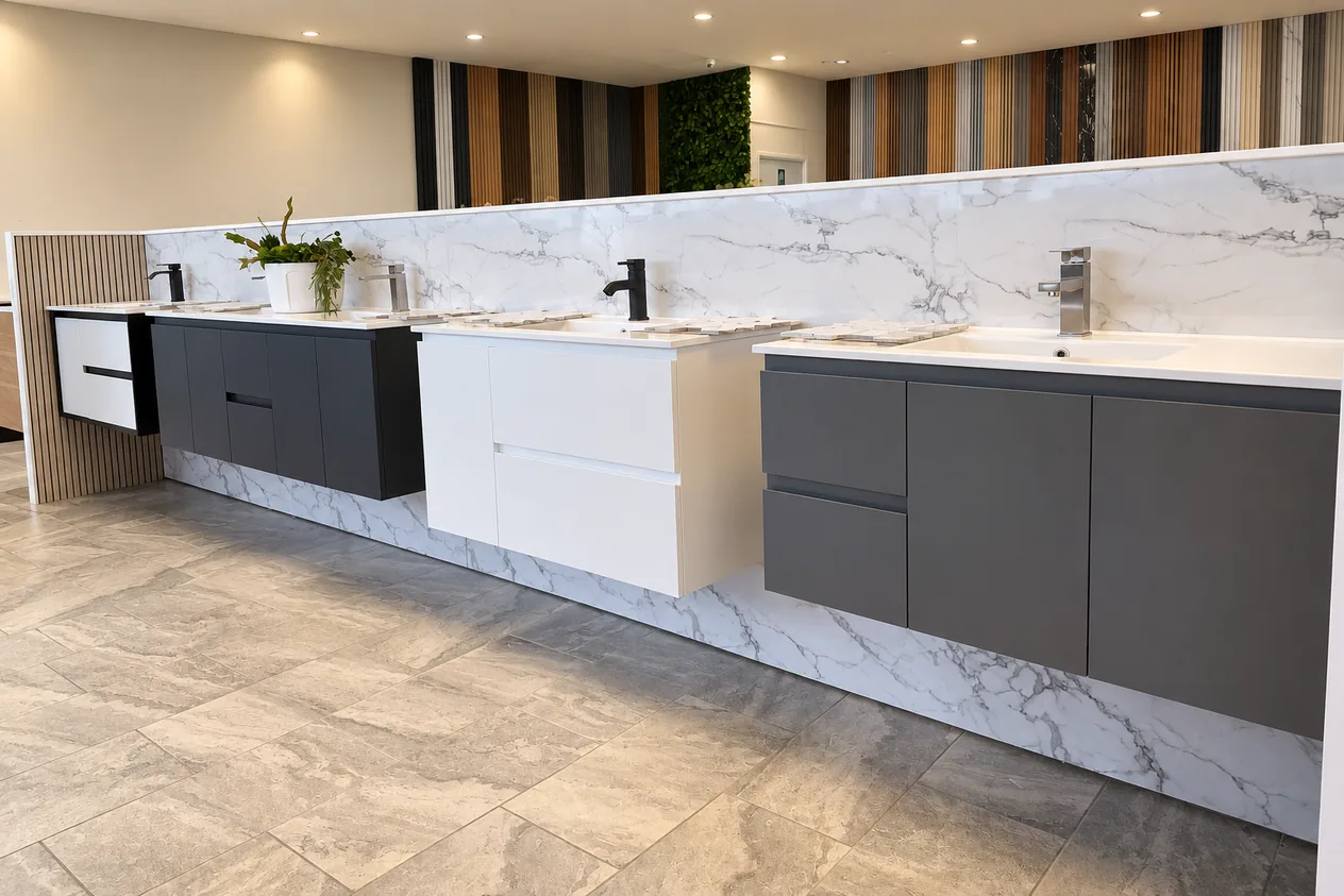 Showroom kitchen island in white with a marble-look countertop and a wall of fluted panel samples behind it