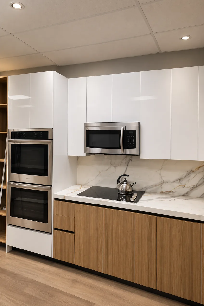 Showroom kitchen display: high-gloss white and light-oak cabinets with a marble-look backsplash and built-in ovens