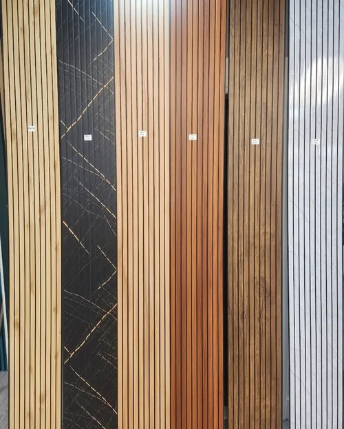 Fluted slat panel samples in oak, walnut and grey