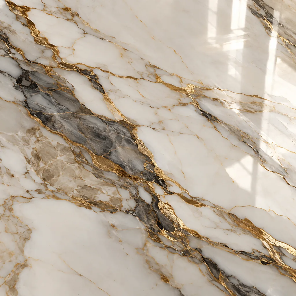 Close-up rendering of a polished porcelain slab with grey and gold veins