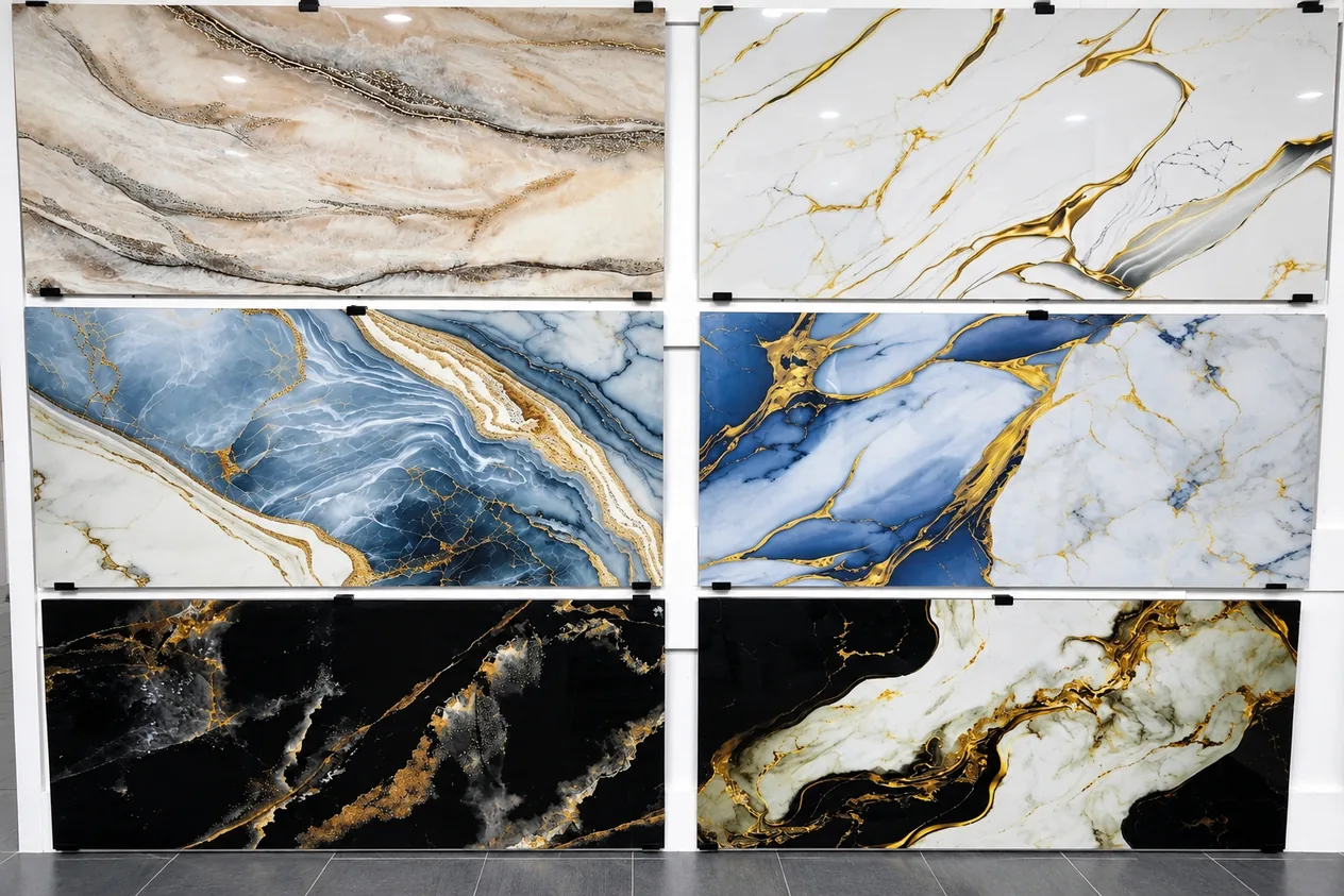 Large-format porcelain slabs in white, grey and black marble looks with gold veins, displayed on the showroom wall