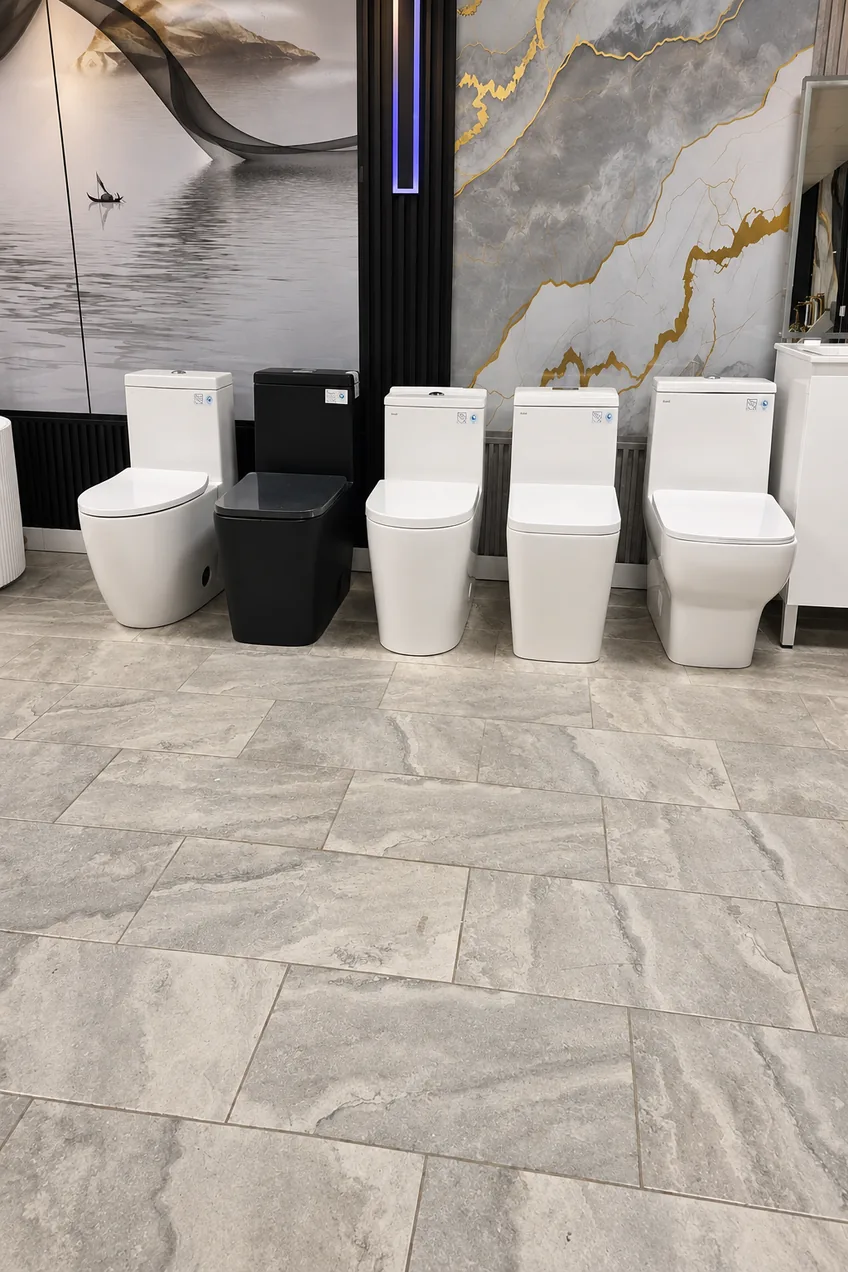 A row of one-piece toilets in white and black in front of a marble-look mural wall
