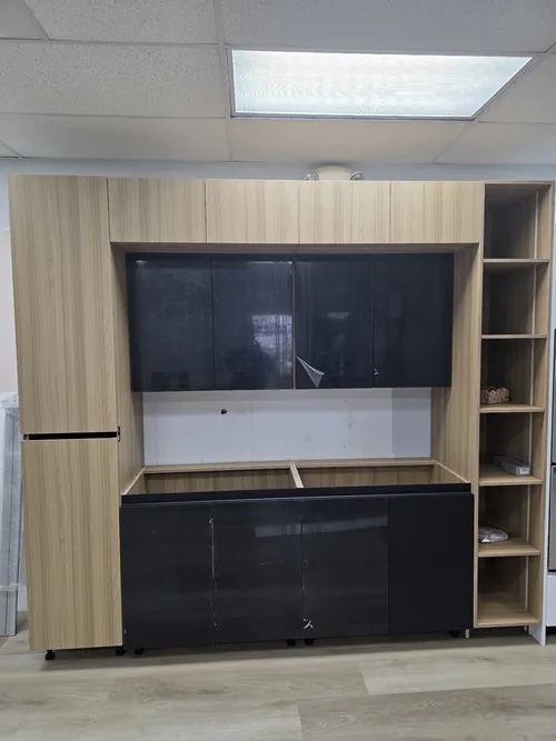 Oak and black TV wall unit with shelves