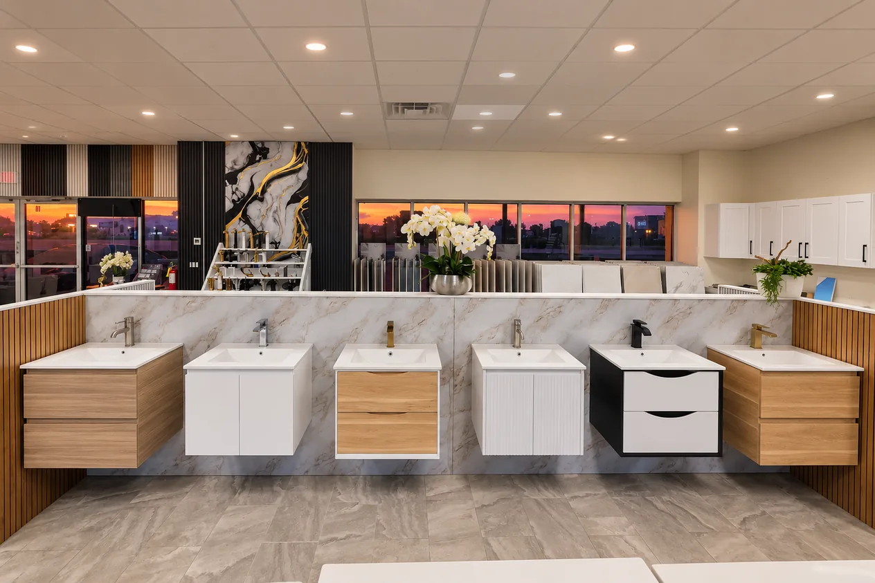 A row of six floating bathroom vanities in oak, white and black on a marble-look wall, with fluted oak panels on both sides