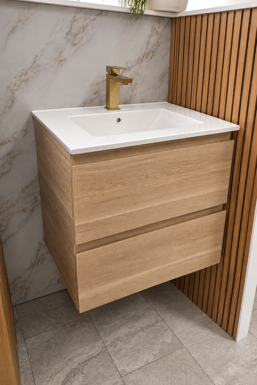 Floating light-oak vanity with a white ceramic sink and a brushed-gold faucet, on a marble-look wall next to fluted oak panels